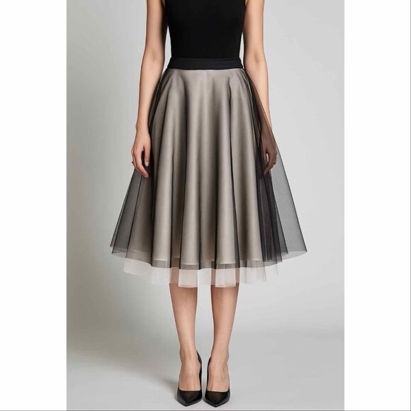 ASM Mid Knee Length Organza A-Line Skirt Size M Balletcore Evening Black White - Picture 1 of 5